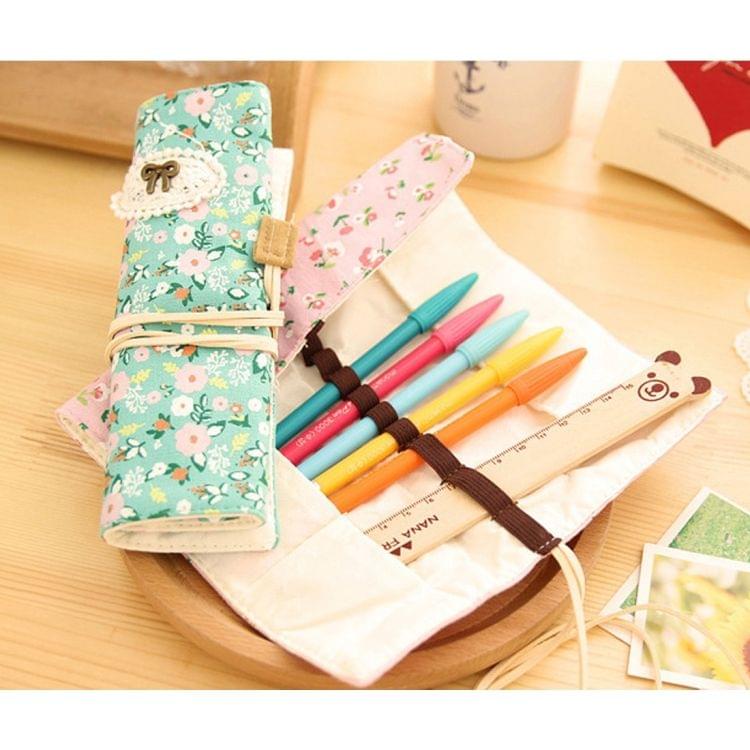 Creative Stationery Canvas Pastoral Style Floral Roll Pen Pencil Case Bag for School Office Supply(Pink)