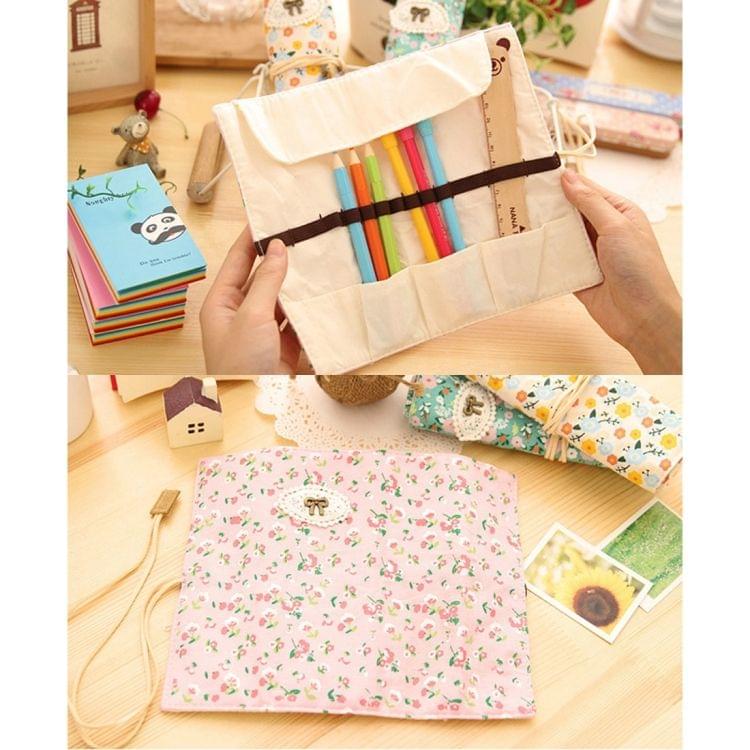 Creative Stationery Canvas Pastoral Style Floral Roll Pen Pencil Case Bag for School Office Supply(Pink)