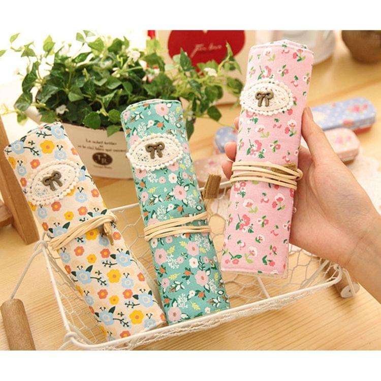 Creative Stationery Canvas Pastoral Style Floral Roll Pen Pencil Case Bag for School Office Supply(Pink)