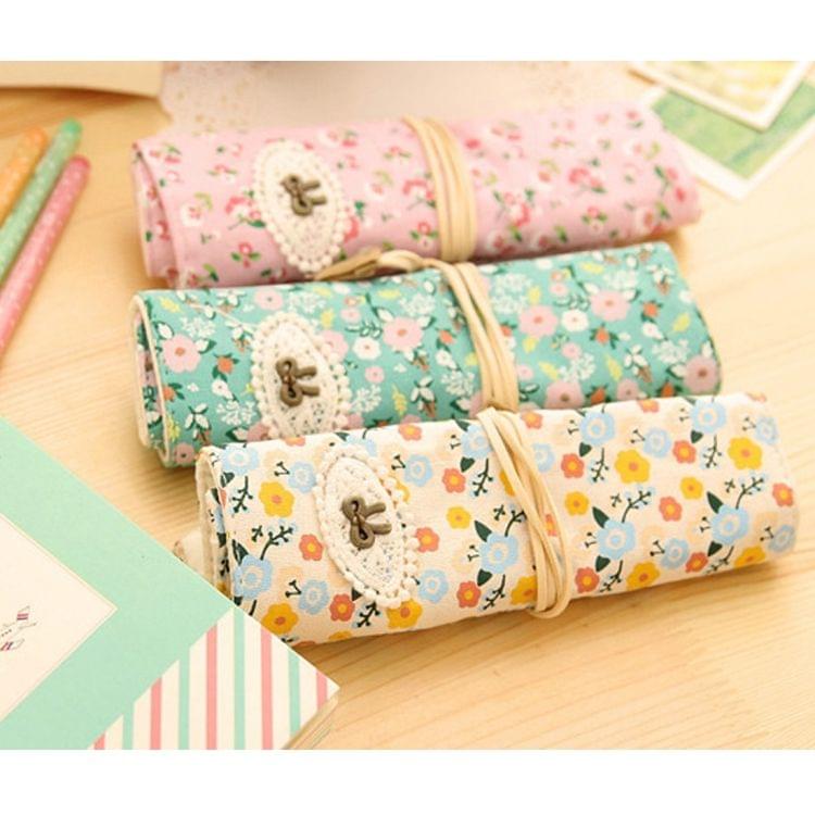 Creative Stationery Canvas Pastoral Style Floral Roll Pen Pencil Case Bag for School Office Supply(Pink)