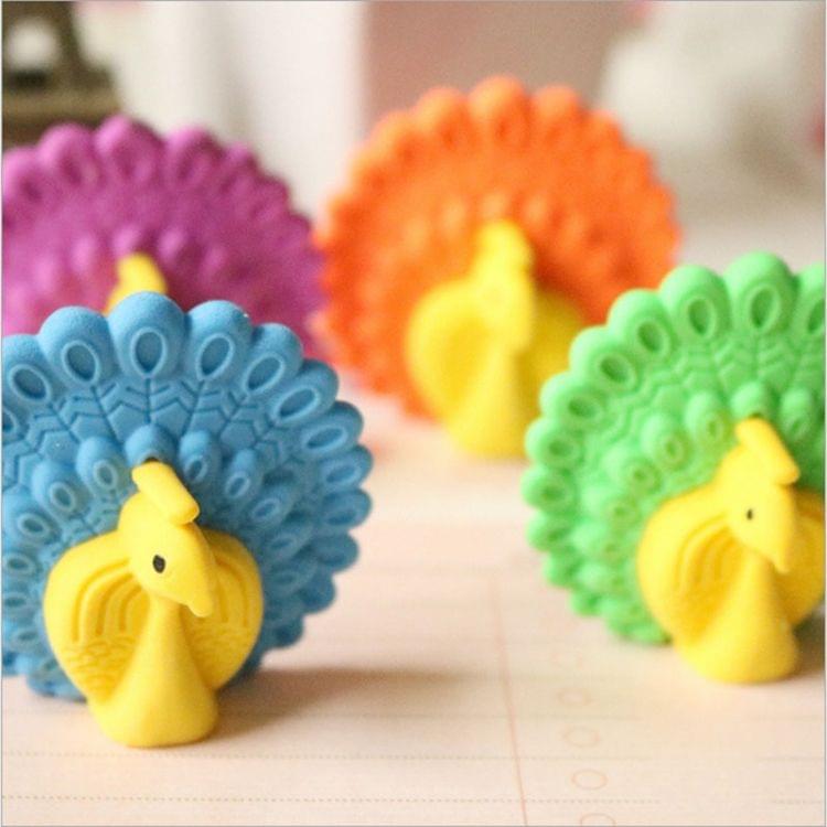 GZ132 6 PCS Creative Cute Cartoon Animals Peacock Eraser School Office Supplies Student Stationery Random Color Delivery