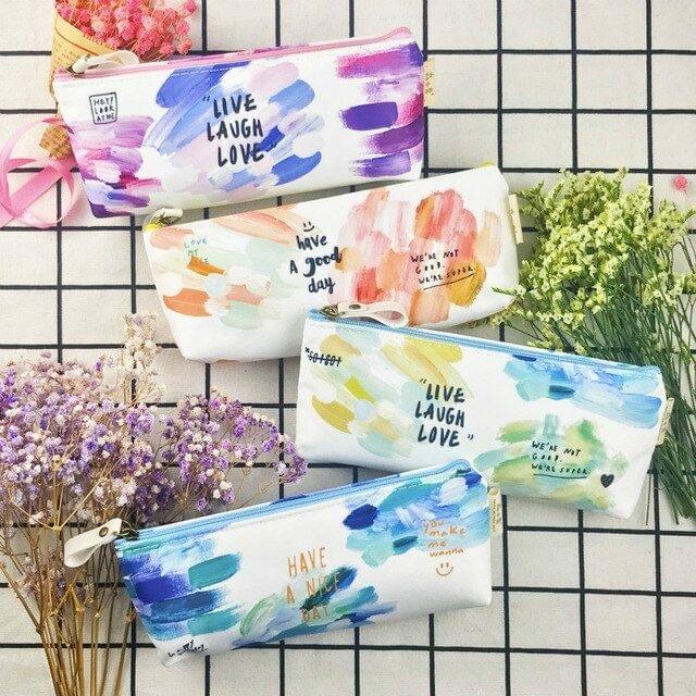 Kawaii Canvas Pencil Bags Cases Colorful Creative Brush Doodle Pouch School Supplies Stationery Pen Box(Blue and Purple)