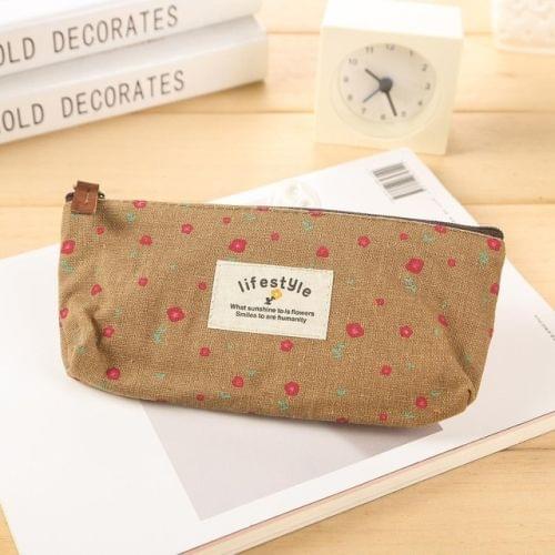 Cute Floral Canvas Zipper Pencil Cases Flower Tree Pen Bags(Coffee Flower)