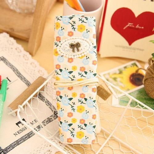 Creative Stationery Canvas Pastoral Style Floral Roll Pen Pencil Case Bag for School Office Supply(Beige)