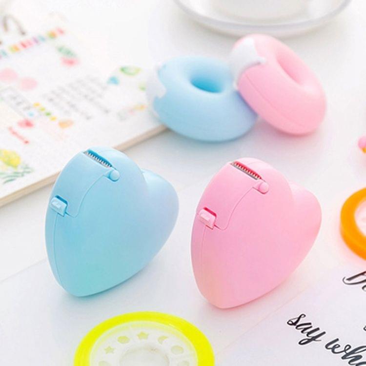 Cute Heart Shape Plastic Tape Dispenser Creative Donut Decorative Tape Cutter Kids Office School Supplies(Blue Donut)