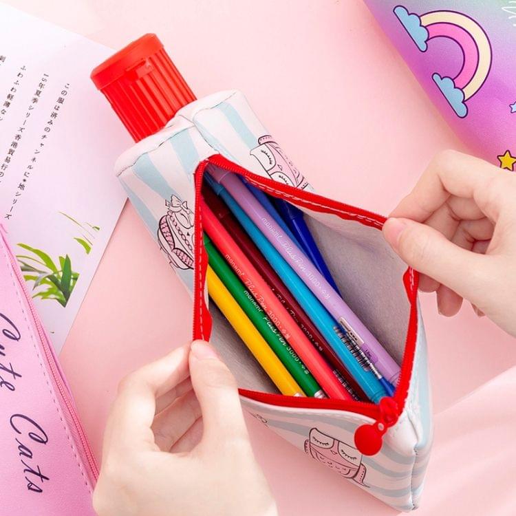 Toothpaste Pencil Case School Pencil Sharpener Pencilcases Stationery Student Zipper Pen Box Leather Pencil Bag(Striped owl)