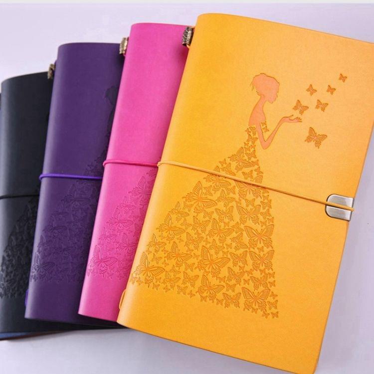 BSD020  Pretty Butterfly Lady Vintage Travelers Notebook Diary Notepad PU Leather Literature Journal Planners School Stationery(Black-metal button)