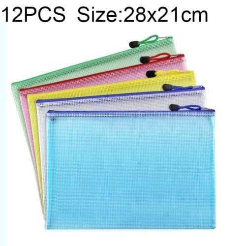 12 PCS Zipper Plastic Mesh Stationery Bag, Random Color Delivery (B5, Size: 28x21cm)