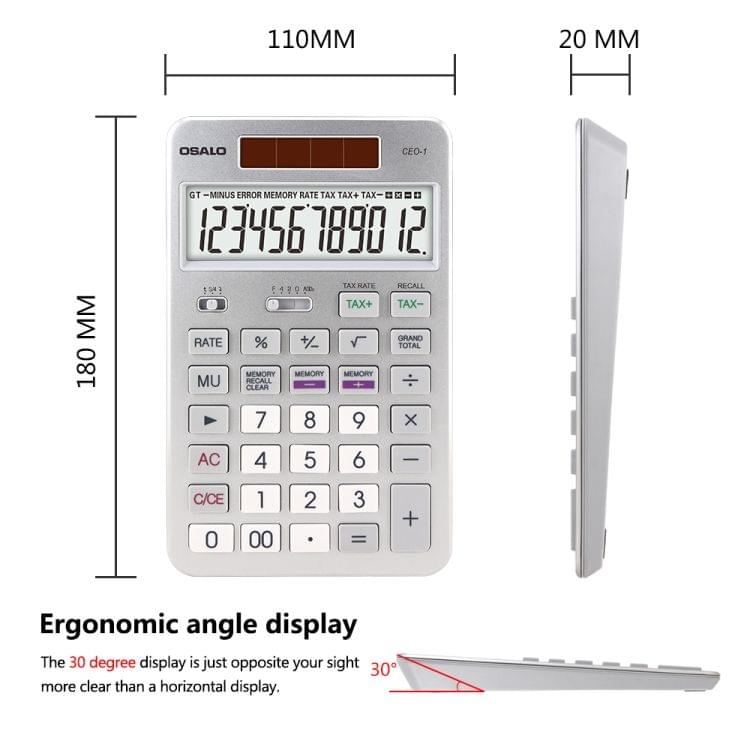 OSALO CEO-1 12 Digits LCD Display Multi-functional Student Scientific Calculator Solar Energy Dual Power Calculator (Silver)