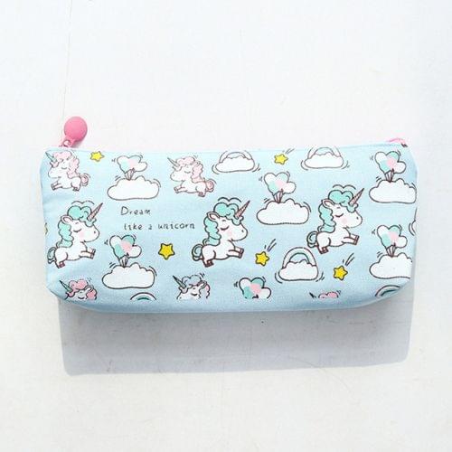 2 PCS Cute Cartoon Animal Unicorn Pattern Pencil Cases Kawaii Canvas School Supplies Stationery Pencil Case Box(Blue)