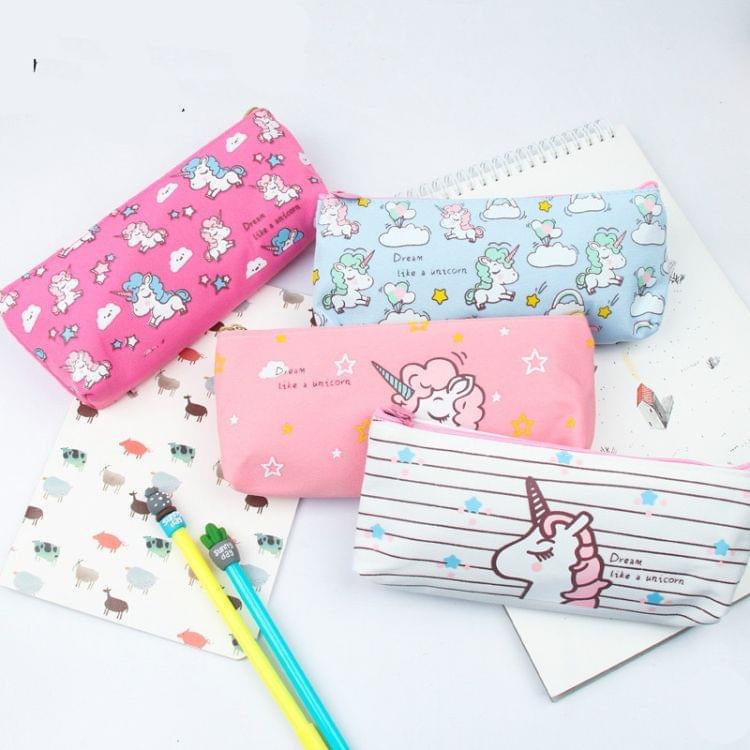 2 PCS Cute Cartoon Animal Unicorn Pattern Pencil Cases Kawaii Canvas School Supplies Stationery Pencil Case Box(Blue)