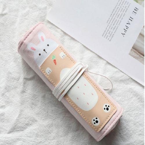 Cat Pattern Pencil Case School Pencil Case Canvas Roll Up Pencil Bag Portable Pencil Box School Supplies(Radish Rabbit)