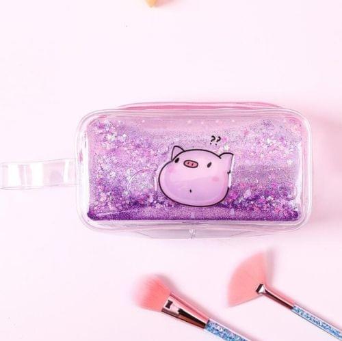 Cute PVC Pig Pattern Pencil Case Colorful Transparent Quicksand Girl Pen Bag Creative Stationery School Supplies(Purple Pig)