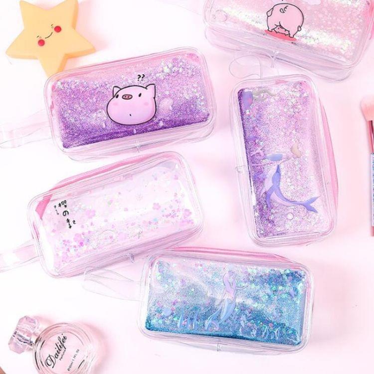 Cute PVC Pig Pattern Pencil Case Colorful Transparent Quicksand Girl Pen Bag Creative Stationery School Supplies(Purple Pig)