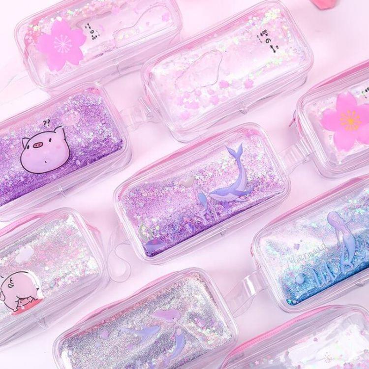 Cute PVC Pig Pattern Pencil Case Colorful Transparent Quicksand Girl Pen Bag Creative Stationery School Supplies(Purple Pig)