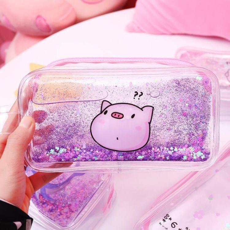 Cute PVC Pig Pattern Pencil Case Colorful Transparent Quicksand Girl Pen Bag Creative Stationery School Supplies(Purple Pig)