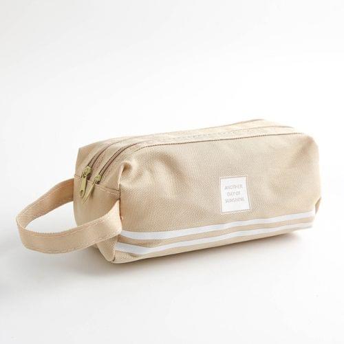 2 PCS Hand-Held Large Capacity Pen Bag Pure Color Double Zipper Pen Bag(Coffee)