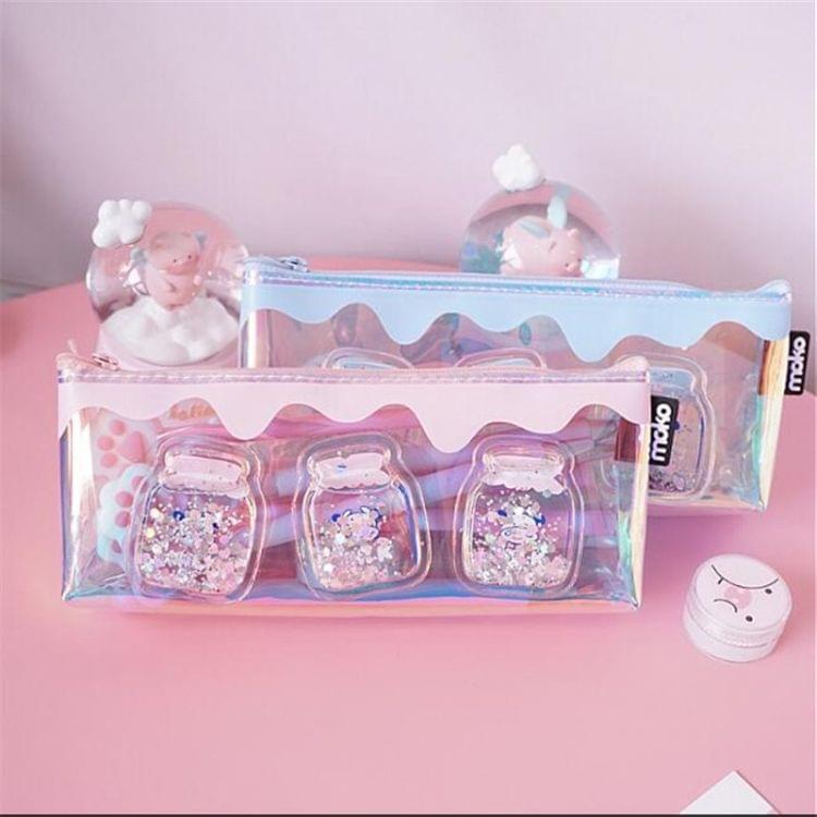 2 PCS Cute Laser PVC Zipper Pencil Box Pen Bag School Supplies Stationery(Pink)