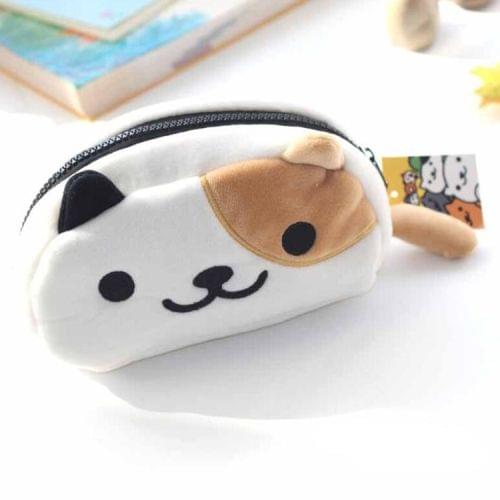 Cute Soft Short Plush Cat Makeup Bag Pen Bag Large Capacity Student Learning Pencil Case(Yellow and White)