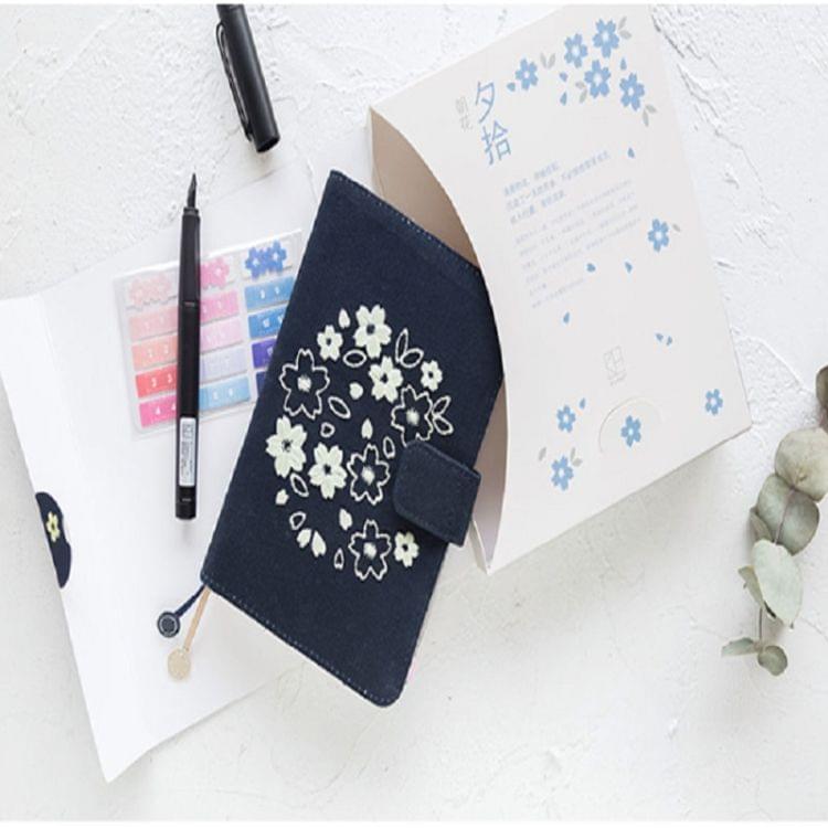 Sakura Theme Delicated Floral Journal Cover Standard A6 Paper Book Refilled Book, Size:Only A6 cloth cover(Navy Blue)