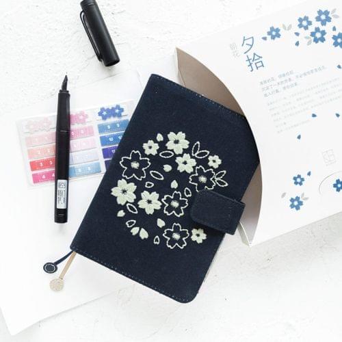 Sakura Theme Delicated Floral Journal Cover Standard A6 Paper Book Refilled Book, Size:Only A6 cloth cover(Navy Blue)