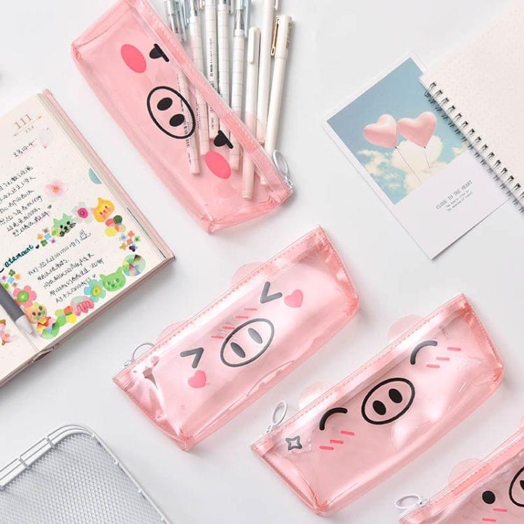 Transparent Pig Pencil Case for Girls Cute PVC Pencil Bag Stationery Pen Pouch School Office Supplies(Happy)