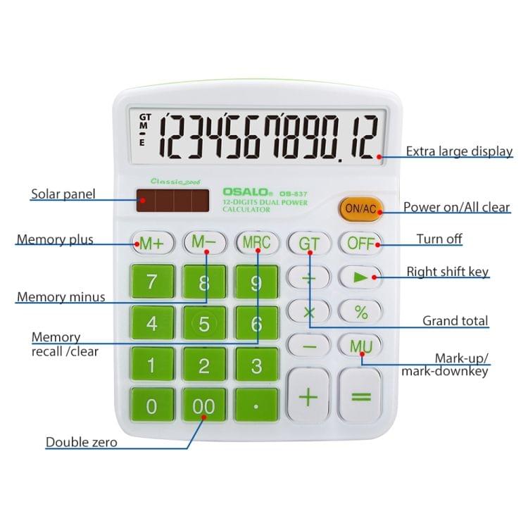 OSALO OS-837VC 12 Digits Colorful Desktop Calculator Solar Energy Dual Power Calculator(Green)