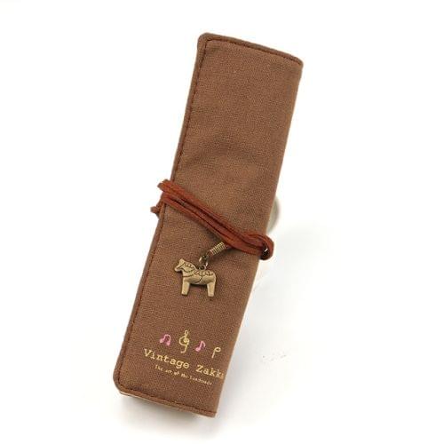 Cute Canvas Bag Holder Roll Up Stationery Pencil Bag Stationery Supplies(Brown)