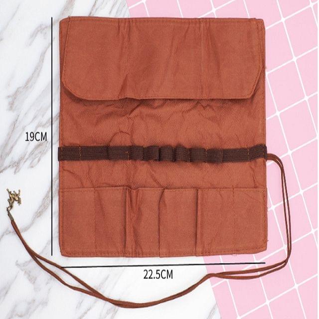Cute Canvas Bag Holder Roll Up Stationery Pencil Bag Stationery Supplies(Brown)