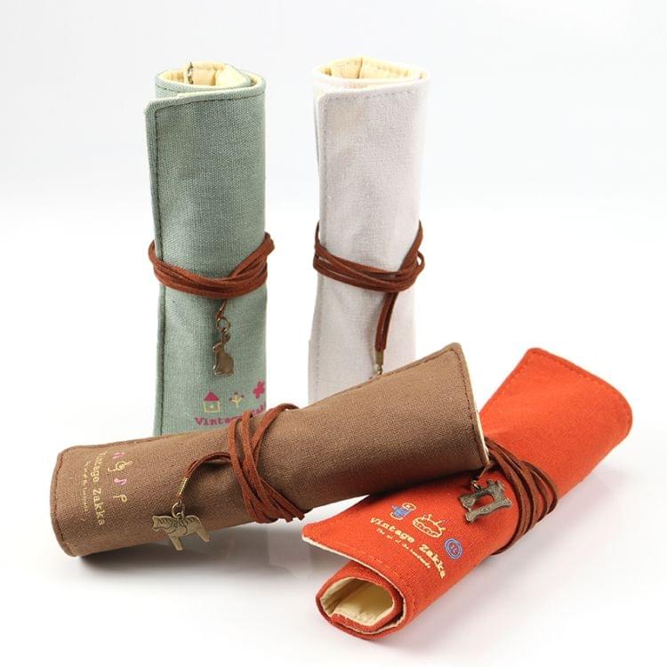 Cute Canvas Bag Holder Roll Up Stationery Pencil Bag Stationery Supplies(Brown)