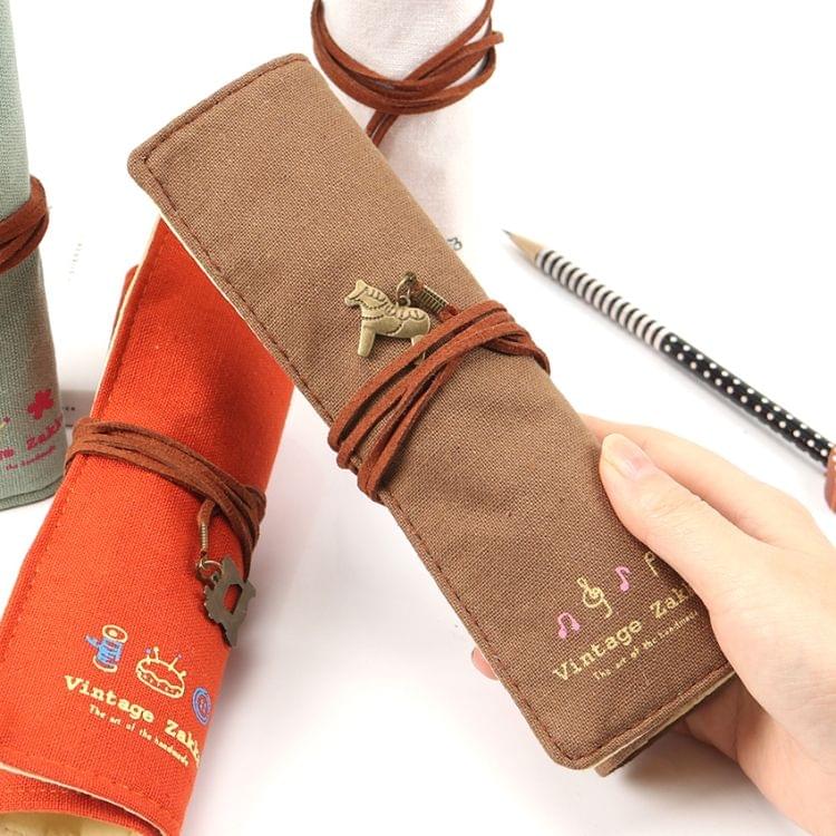 Cute Canvas Bag Holder Roll Up Stationery Pencil Bag Stationery Supplies(Brown)