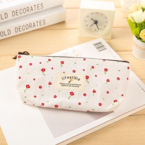 Cute Floral Canvas Zipper Pencil Cases Flower Tree Pen Bags(White Flower)