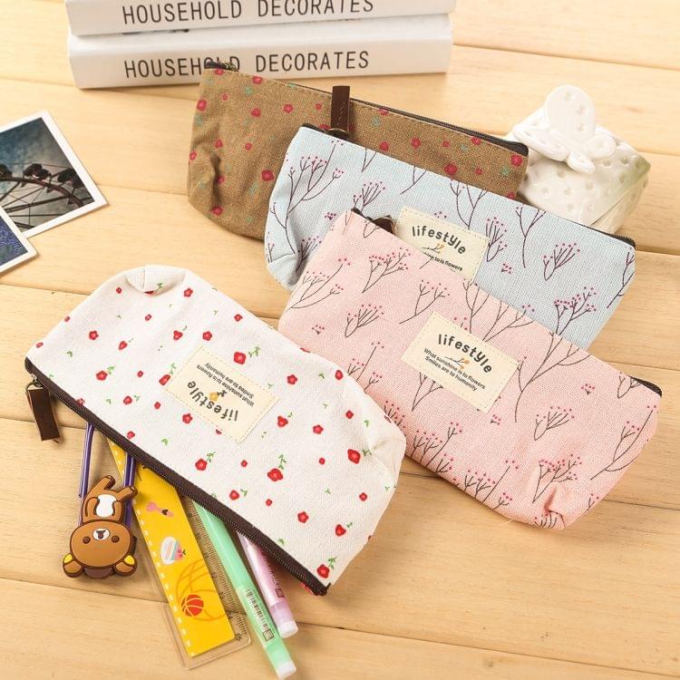 Cute Floral Canvas Zipper Pencil Cases Flower Tree Pen Bags(White Flower)