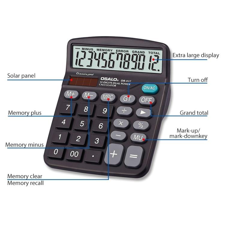 OSALO OS-837 12 Digits Desktop Calculator Solar Energy Dual Power Calculator