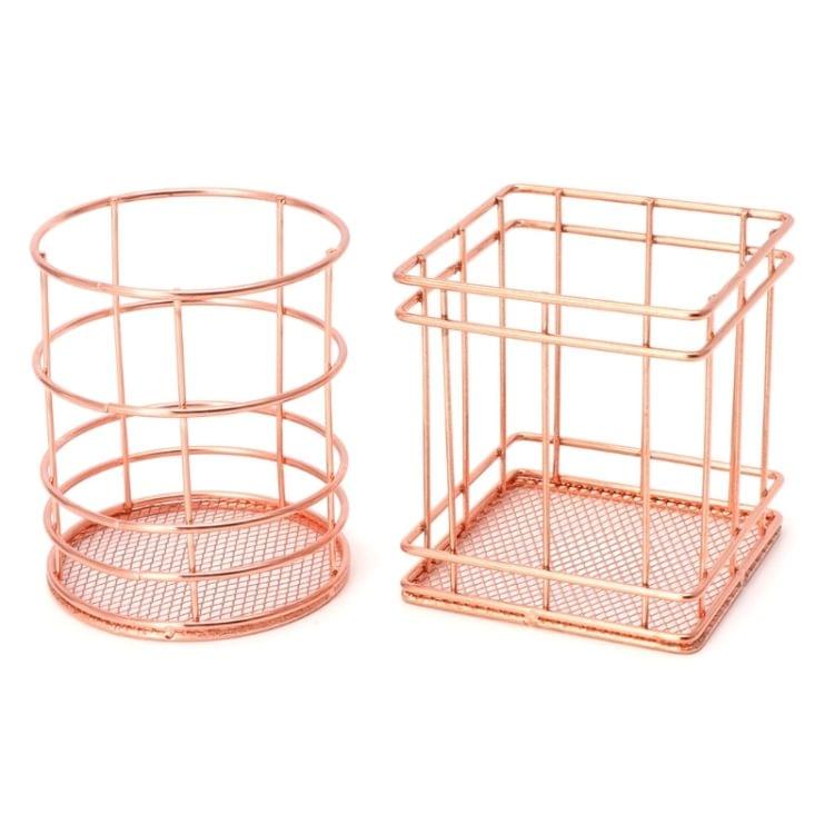 Rose Gold Metal Pen Holder Box Case Iron Art Receiving Basket Desk Stationery Office School Desk Supplies(Square)