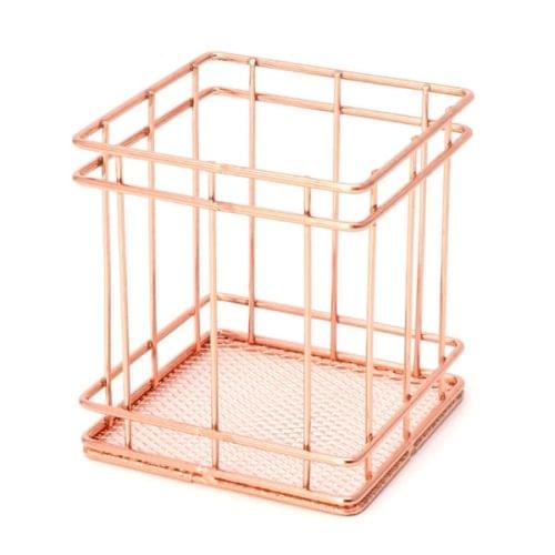 Rose Gold Metal Pen Holder Box Case Iron Art Receiving Basket Desk Stationery Office School Desk Supplies(Square)