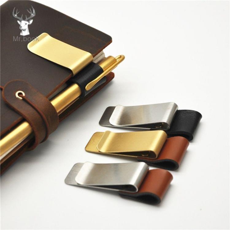 Metal Leather Pen Holder Stainless Steel Pencil Clip Notebook Pen Holder(Silver-Brown)