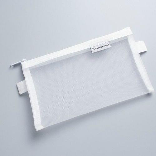 N81409 Transparent Grid Zipper Pen Bag Pencil Case Storage Package Grils Stationery School Supplies(L White)