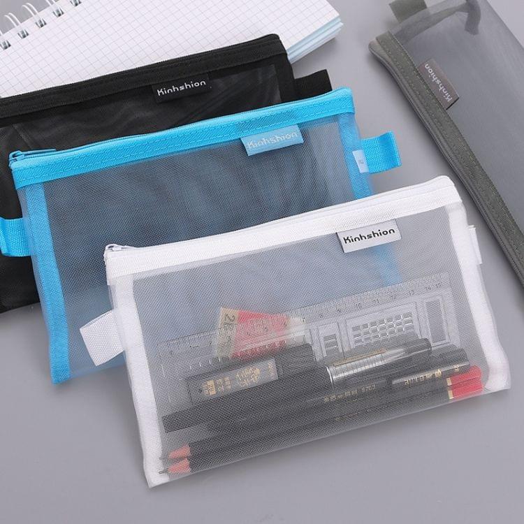 N81409 Transparent Grid Zipper Pen Bag Pencil Case Storage Package Grils Stationery School Supplies(L White)