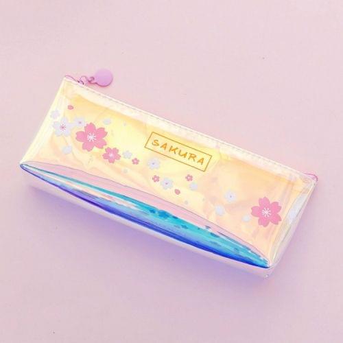 Cute Cherry Blossoms Pencil Case Kawaii Pencil Pouch Creative Laser Pen Case For Girls Gifts School Office Supplies Stationery(Three pink flowers)