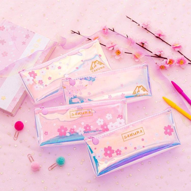 Cute Cherry Blossoms Pencil Case Kawaii Pencil Pouch Creative Laser Pen Case For Girls Gifts School Office Supplies Stationery(Three pink flowers)