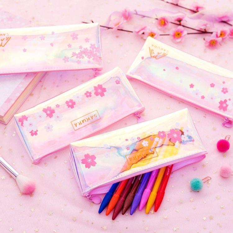 Cute Cherry Blossoms Pencil Case Kawaii Pencil Pouch Creative Laser Pen Case For Girls Gifts School Office Supplies Stationery(Three pink flowers)