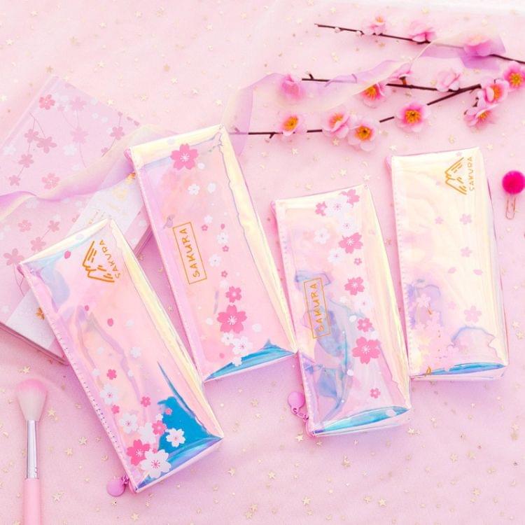 Cute Cherry Blossoms Pencil Case Kawaii Pencil Pouch Creative Laser Pen Case For Girls Gifts School Office Supplies Stationery(Three pink flowers)