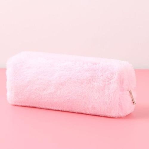 Kawaii Solid Color Plush Pencil Case Girls Large Capacity Pencil Bag Stationery Pencilcase Zipper Pen Box School Supplies(Pink)