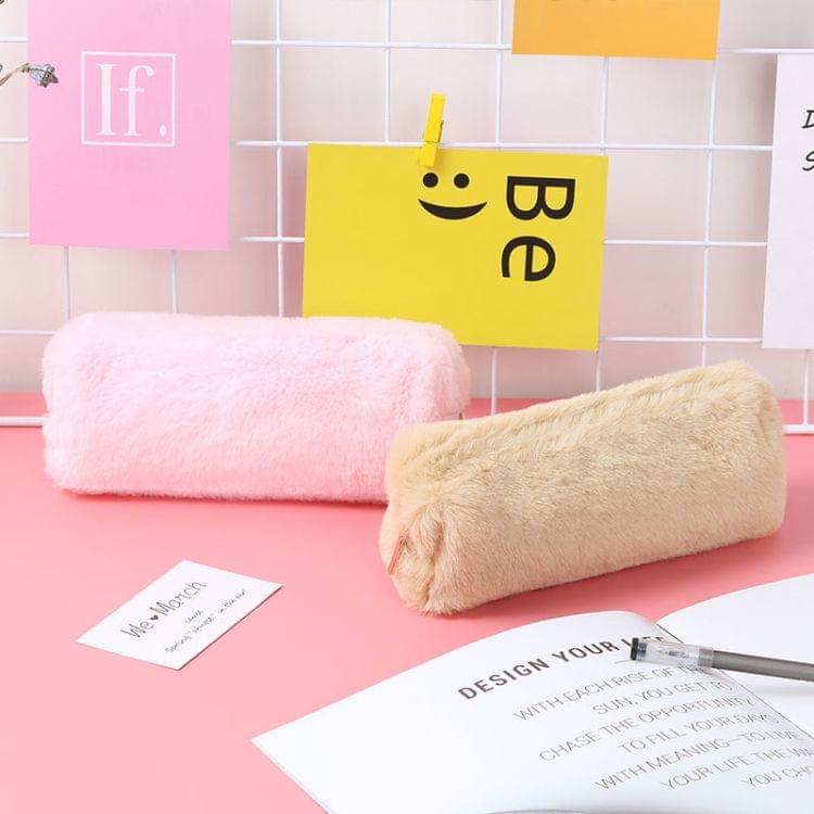 Kawaii Solid Color Plush Pencil Case Girls Large Capacity Pencil Bag Stationery Pencilcase Zipper Pen Box School Supplies(Pink)