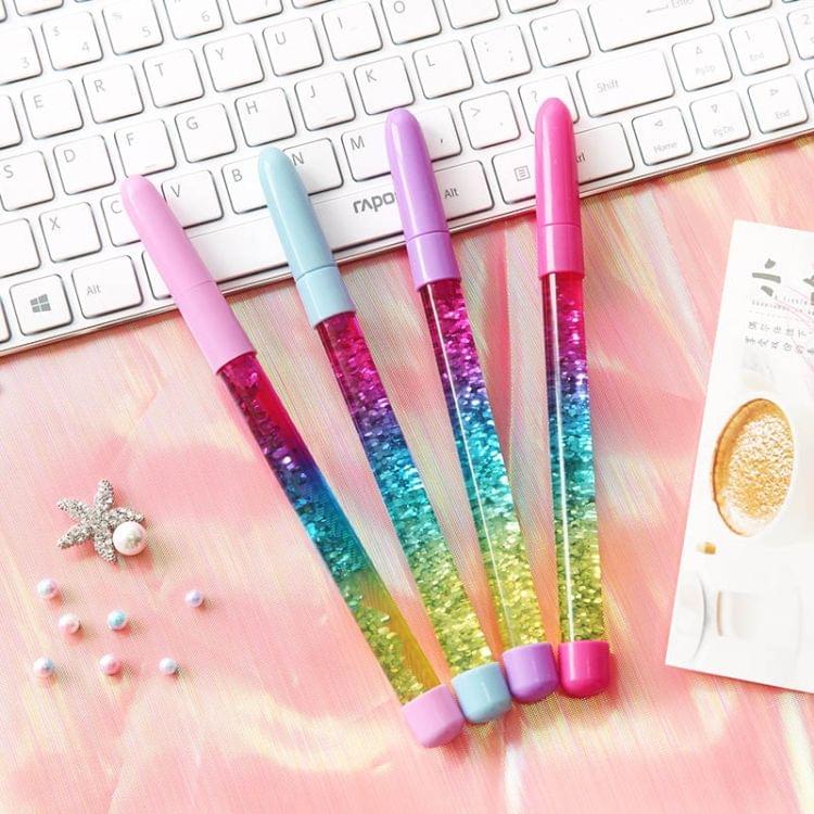 Cute Fairy Stick Drift Sand Glitter Crystal Pen Rainbow Color Creative Ball Pen Kids Gift(Blue fairy pen)