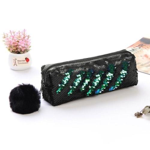 3 PCS Reversible Sequin Pencil Case for Girls School Supplies Super Big Stationery Gift Magic Makeup Bag(Green+Black)