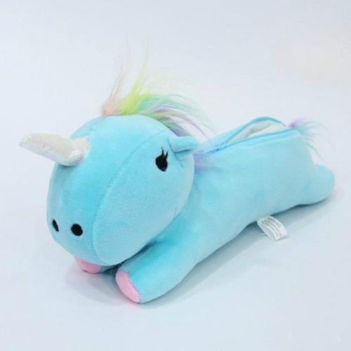 Cute Cartoon Unicorn Shape Plush Student Tool Pen Bag(Blue)