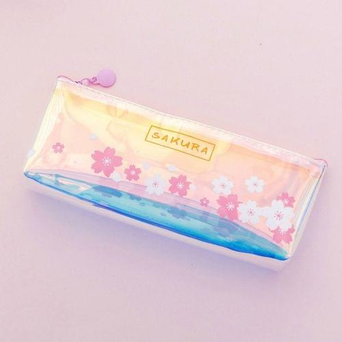 Cute Cherry Blossoms Pencil Case Kawaii Pencil Pouch Creative Laser Pen Case For Girls Gifts School Office Supplies Stationery(Five white flowers)