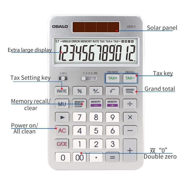 OSALO CEO-1 12 Digits LCD Display Multi-functional Student Scientific Calculator Solar Energy Dual Power Calculator (Black)